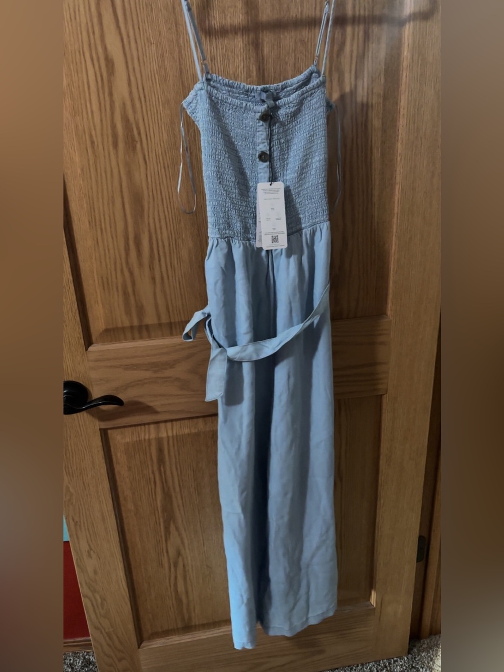 Love Tree Light Blue Smocked Jumpsuit with Waist Tie
